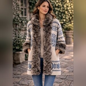 Zara Cream & Blue Faux Fur Trim Fair Isle Cardigan.pit To Pi23"